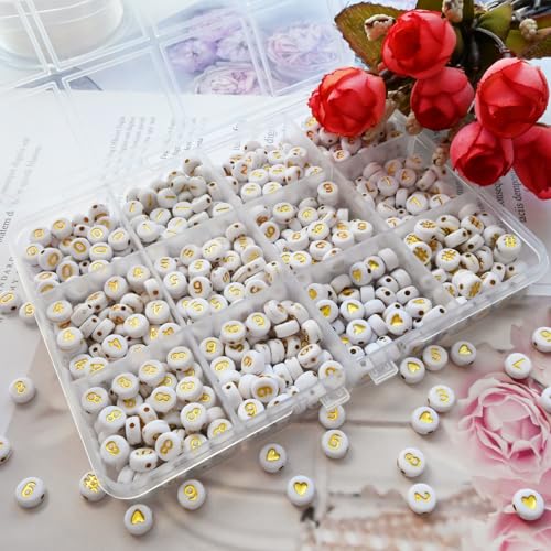 Image of Amaney 600pcs Gold Number Beads 0-9 Symbol # Heart Acrylic Beads 7x4mm White with Storage Box