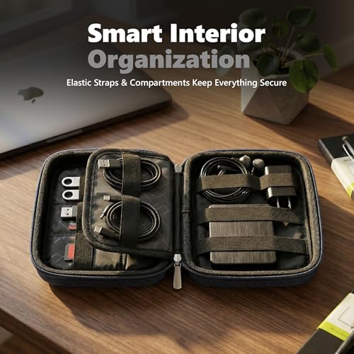 Image of BonKaso Electronics Organizer Travel Case - EVA Hard Shell Tech Pouch for USB Cable, Charger, Power Bank, Earphones, Hard Drive Storage | Compact Shockproof Gadget Organizer - Black