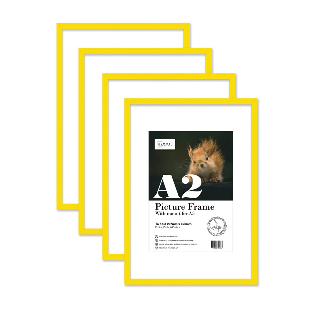 Almost Frameless A2 Yellow Picture Frame Set of 4, Display A3 Pictures with Mount or A5 Without Mount Gallery Wall, Poster, Photo, Artwork, or Print, Yellow
