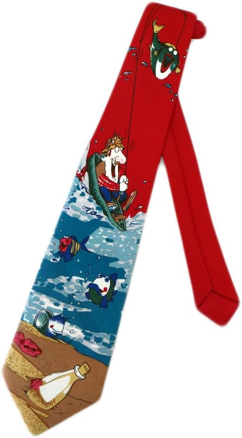Tie Mania Mens Fishing Cartoon Necktie - Red - One Size Neck Tie