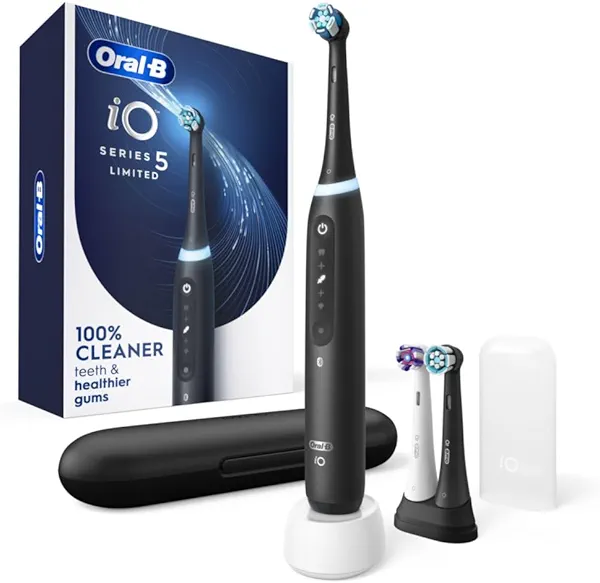 Oral-B iO Deep Clean + Whiten Rechargeable Electric Toothbrush with Visible Pressure Sensor, 2 Minute Timer, 5 Cleaning Settings, 1 iO5 Limited, 3 Toothbrush Heads, Travel Case & Refill Holder, Black