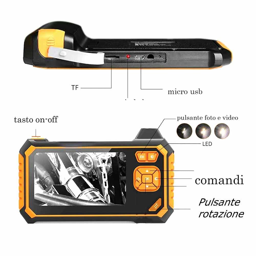 Vetrineinrete® Telecamera endoscopica con sonda monitor 4,3” full hd 1080p 2 mpx 5 metri foto e video impermeabile IP67