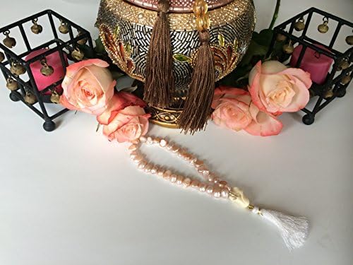 Artisan Hand Made ZamZam Tasbih Islamic Prayer Beads Mauve Cultured Pearls 33 set, with white flower stem.