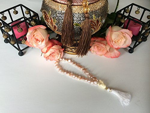 Artisan Hand Made ZamZam Tasbih Islamic Prayer Beads Mauve Cultured Pearls 33 set, with white flower stem.