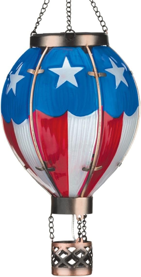 Regal Art & Gift Hot Air Balloon Solar Lantern – Hanging Solar-Powered LED Lights, Waterproof Portable Decorative Outdoor Lamp Made of Metal & Glass for Garden, Patios & Pathway – Americana (Large)
