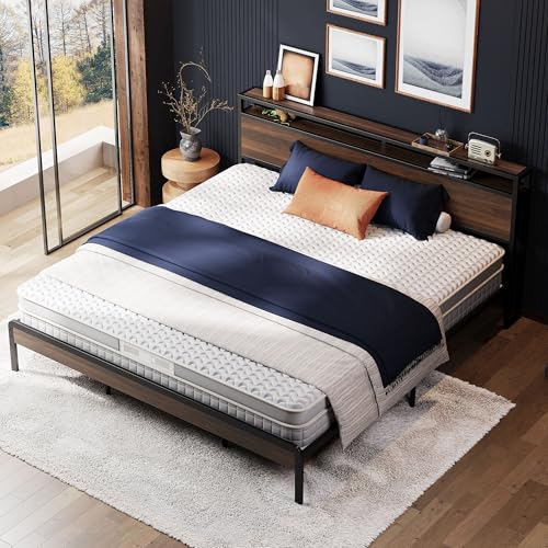 Image of LIKIMIO King Bed Frame with Headboard, Dark Wood Camas King with Strong Supports, Sturdy, Noise-Free, No Box Spring Needed, Dark Walnut