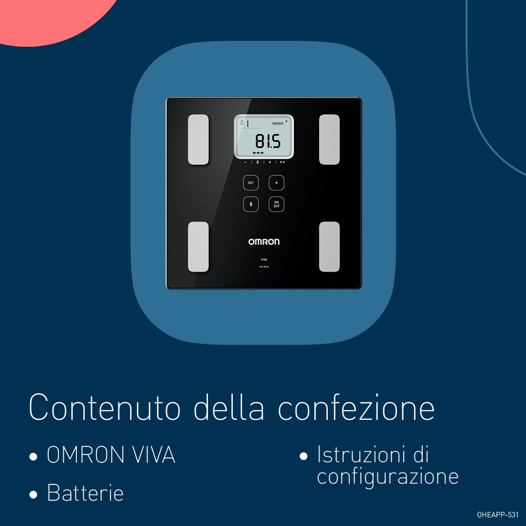 OMRON VIVA, bilancia pesapersone digitale per misurare peso, grasso viscerale, muscoli, metabolismo, BMI con risultati precisi e sincronizzazione Bluetooth tramite app OMRON Connect