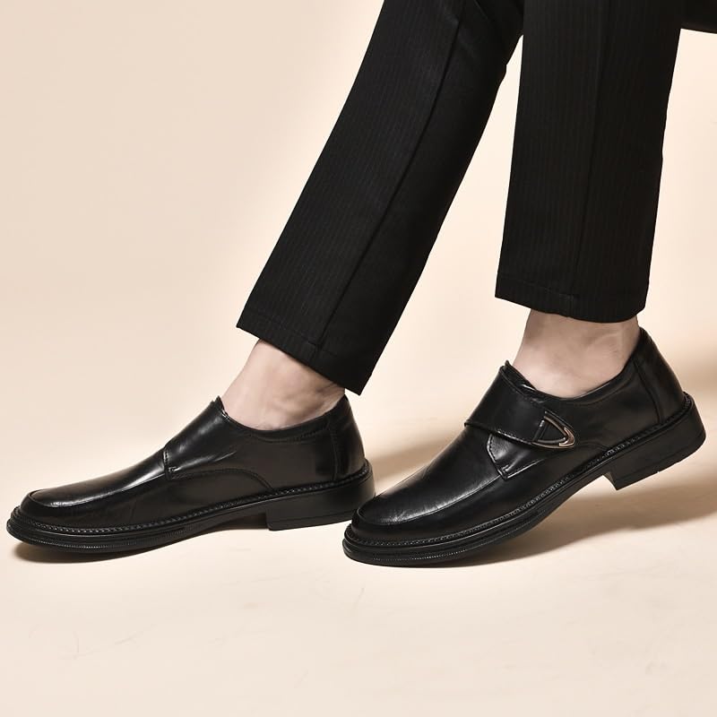Men Slip On Leather Formal Shoes Pointed Toe Solid Color Anti Slip Low Top Block Heel Party Comfortable2