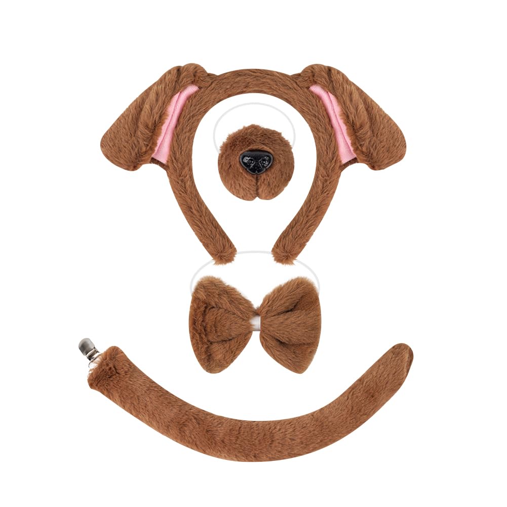JIHUOO 4 Pcs Puppy Dog Costume Set Brown Dog Ears Headband and Tail Nose Bow Tie Animal Ear Cosplay Headband Christmas Farm Animal Costumes Halloween Party Dress up Accessories for Easter Party