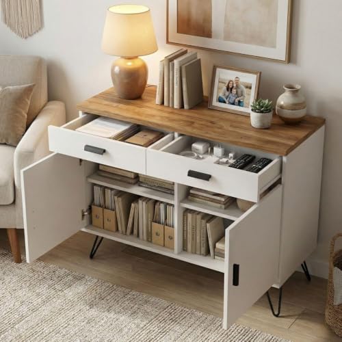 Image of FFO cabinets for Living Room | Wooden Living Room Storage Cabinet with Drawers, Side Cabinet for Bedroom, Modern Wood Finish, 2 Door Cupboard with Metal Legs White and Coach Wood (DIY).