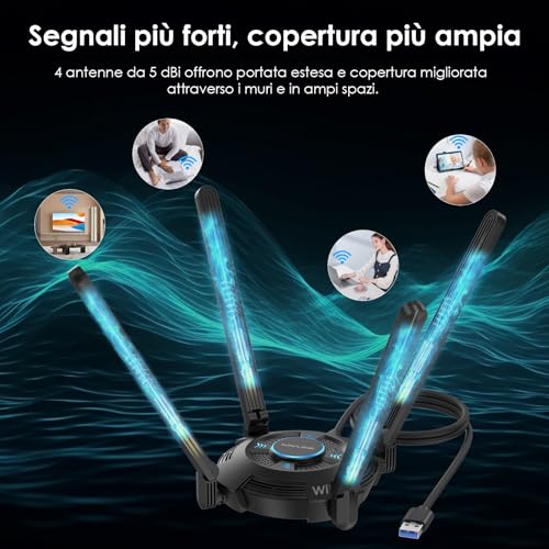 WiFi 7 USB WiFi Dongle per PC, Adattatore USB WiFi Tri-Banda BE6500 con Driver Integrato, WPA3, MLO & Multi-RU, Antenne Alto Guadagno 5dBi, Solo per Windows 11/10 - Powerline - Immagine 4
