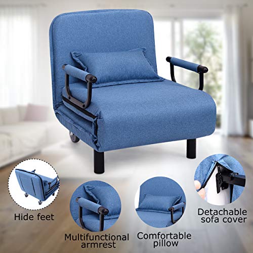Image of CASART. Folding Sofa Bed, 3-in-1 Convertible Recliner Chair with Pillow and Caster, Indoor Single Sleeper Guest Bed Lounge Futon Couch for Home Office Bedroom Living Room (Blue)