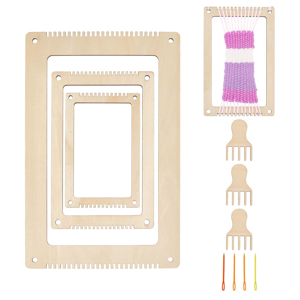 NBEADS 11Pcs Wood Weaving Loom Kit, 3 Sizes Rectangle Bookmark Weaving Loom with Weaving Comb and Weaving Crochet Needle Knitting Loom Tools for Adult Beginners Weaving and Weaving Lovers