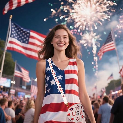 Image of 4th of July Purse for Women Sequin Beaded USA Star Purse American Flag Crossbody Shoulder Bag 4th of July Outfits