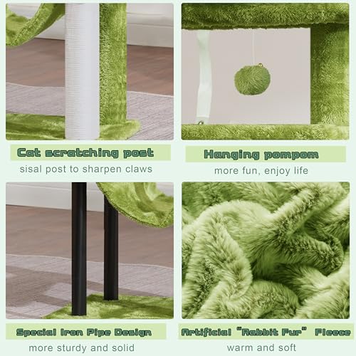 Image of Gitelsnour Cat Tree, 43.3'' Cat Tower with Hammock for Kittens GCT004SGR | Cat Condo House for Small Indoor Cats, Basket, Scratching Post, Large Platform, Sturdy Steel Tube, Sisal Rope, Green