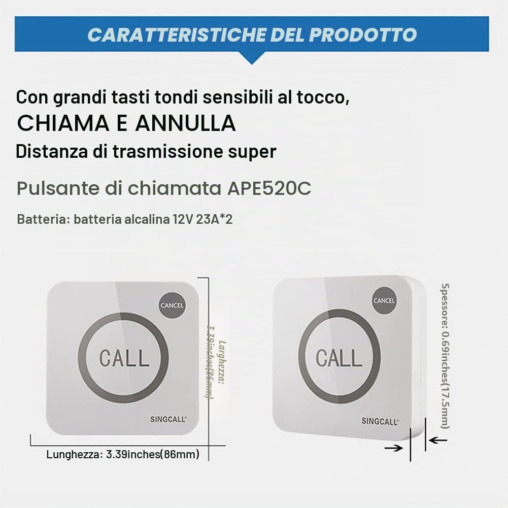 SINGCALL Kit di allarme con sirena stroboscopica rossa lampeggiante | e pulsanti di chiamata,sistema di allerta SOS con telecomando,ideale per la sicurezza di casa,1 sirena+2 pulsanti di chiamata