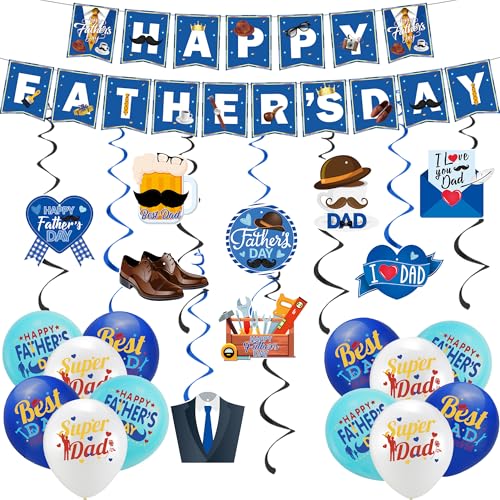 Happy Fathers Day Party Decorations - Fathers Day Banner Balloons Hanging Swirls Decorations Party Supply Decor for Fathers Day Accessories