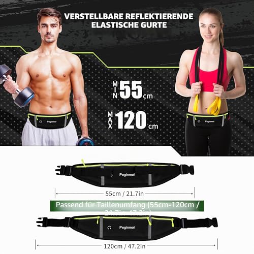 PEGINMOL Laufgürtel für Handy, Lauftasche Jogging Wasserdicht, Läufer-Hüfttasche für Damen und Herren mit 3 Taschen, Großer Kapazität Sportgürtel Verstellbarem Running Belt zum Laufen (Schwarz + Grün)