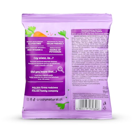 Crispy Natural Karrote Chips mit Thai-Geschmack 24x18g Natürliche Knusprig Getrocknete Fruchtchips Gesunde Snack Ohne Zuckerzusatz Glutenfrei Ballaststoffquelle