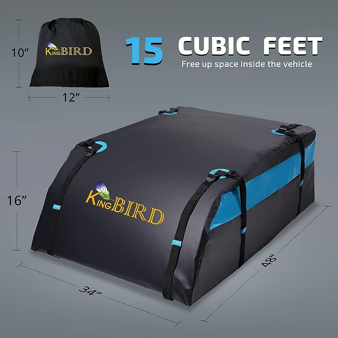 KING BIRD Aerodynamic Rooftop Cargo Carrier Bag, 15 Cubic Feet 100% Waterproof Car Top Carrier with Non-Slip Mat + 4 Door Hooks+Luggage Lock Fit All Vehicles with/Without Roof Rack : Automotive