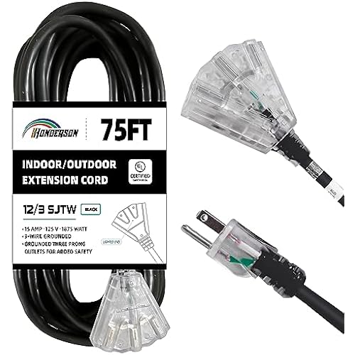 75 Ft Black Outdoor Extension Cord with Lighted End, 12 Gauge Heavy Duty