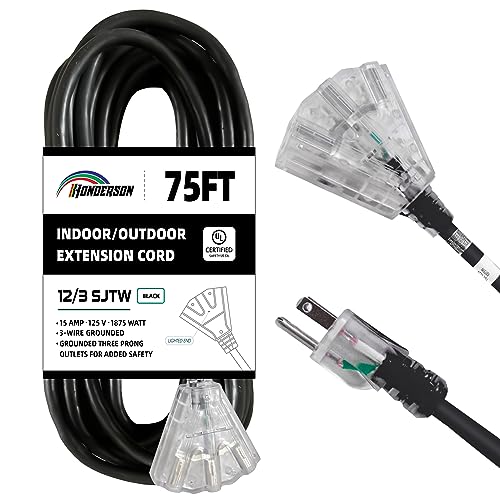 3-outlets extension cord with lighted end, 12/3 SJTW, 75ft
