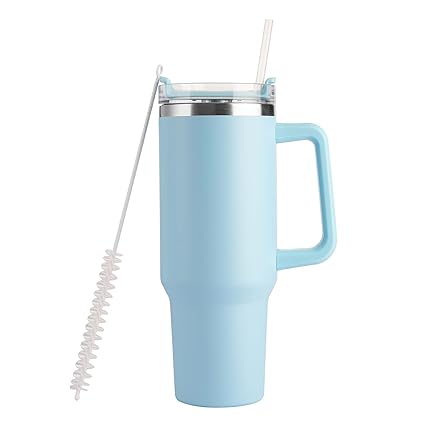 40oz Stainless Steel Tumbler with Handle, Lid, and Straw,Insulated Coffee Mug Water Bottle Tumbler Keeps Hot and Cold,Travel Cup Dupe (Skyblue)