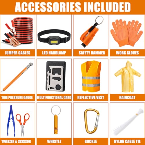 Car Roadside Emergency Kit, Car Safety Kit Portable Car Kits for Emergency with Jumper Cable, Safety Hammer, Orange - Image 2