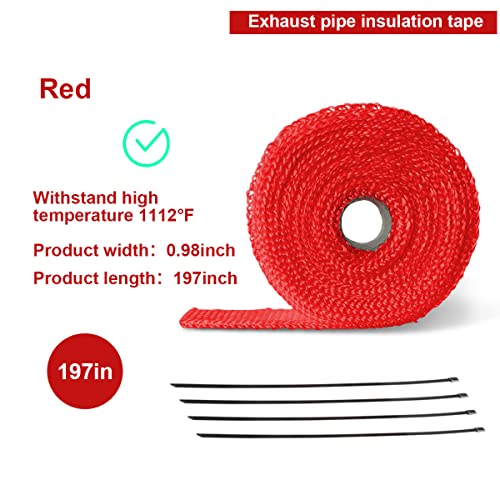 Auto Exhaust Wrap For Motorcycle, 16Ft Titanium Fiberglass Hose Heat Shield Roll Sleeve With 4Pcs Stainless Ties, Universal For Car Wire Loom Brake Line Cable Protection (Red) #TOP1