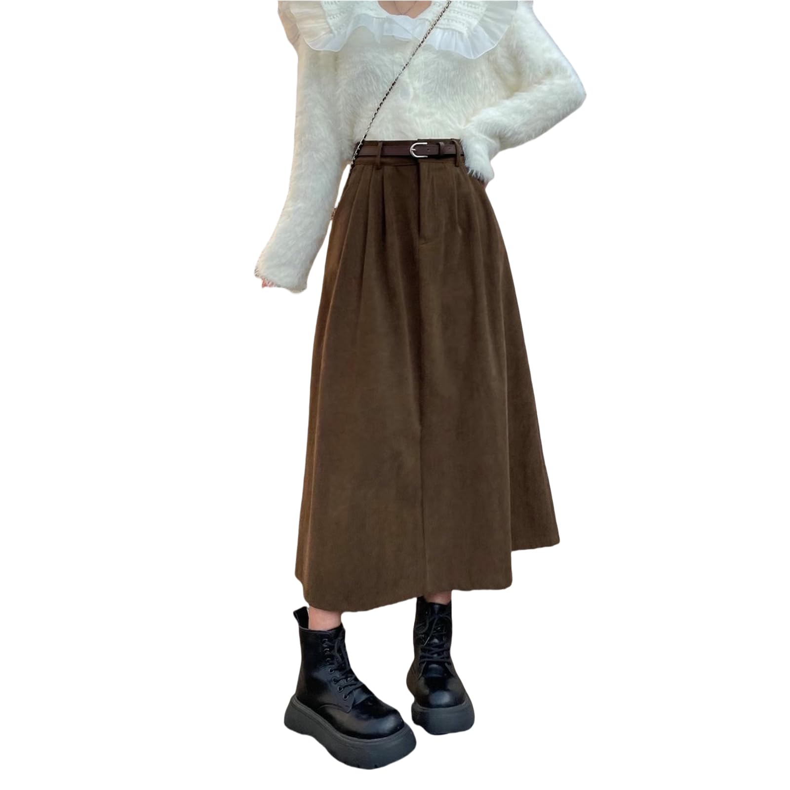 Röcke Cordrock Für Frauen Herbst Und Winter Neuer Hoher Taille Langer Retro-hip-hip-bedeckender A-line-Rock Mit Gürtel-schwarz-s