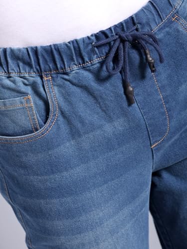 Image of The Indian Garage Co Men Regular Fit Solid Mid-Rise Stretchable Denim Cargo Joggers