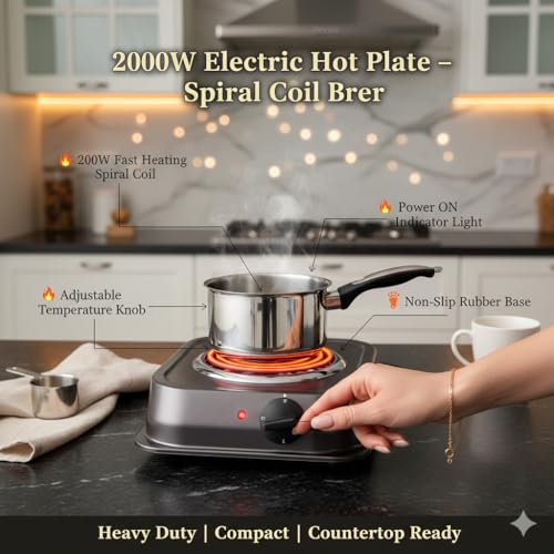 Image of Drumstone 2000W Electric Hot Plate Single Burner | Fast Heating Coil Cooktop with Adjustable Temperature Control | Portable Cooking Stove for Hostel, PG, Office, Travel & Home