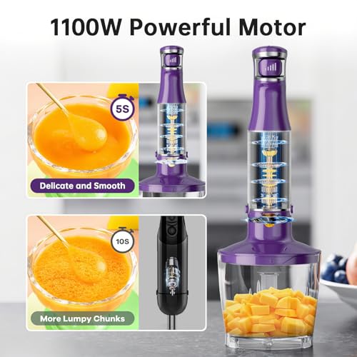 Image of Turelar Immersion Blender Handheld Corded Hand Blenders Set 1100W, Trigger Variable Speed 5 in 1 Stick Emulsifier with Chopper, Whisk and Frother for Soup, Baby Food and Smoothies, Purple