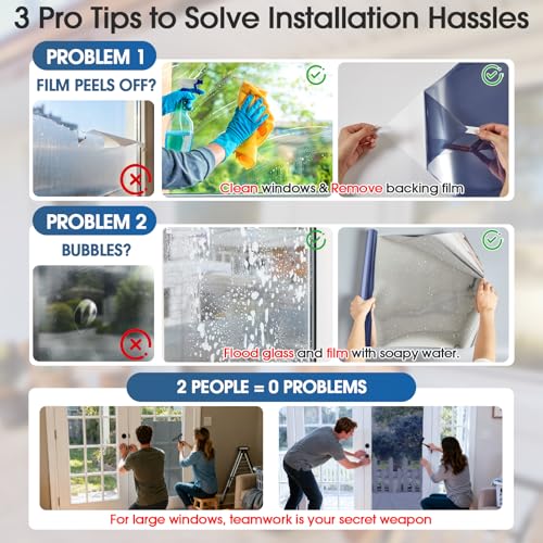 Image of SUNBABY Window Tint for Home, One Way Privacy Film Heat & UV Blocking, Static Cling No Glue Renter Friendly Cover for Home Bedroom, Office & Sliding Glass Door, 29.5 x 78.7 Inch with 3 Tools, Blue