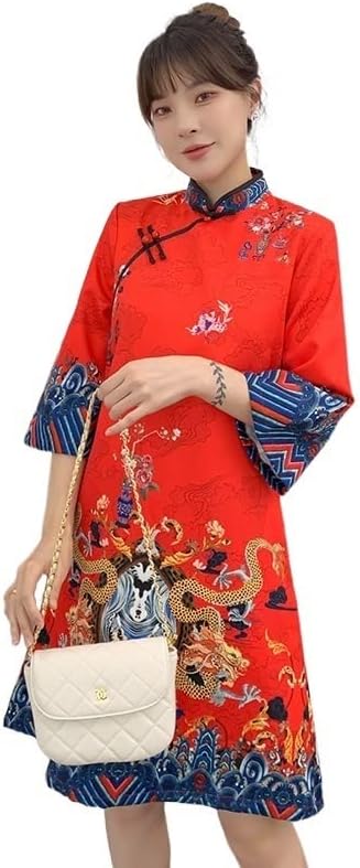 Red Blue Loose Modern Chinese Cheongsam A-line Dress Women Sleeve Qipao Traditional Chinese Clothes (Color : Red, Size : Large)