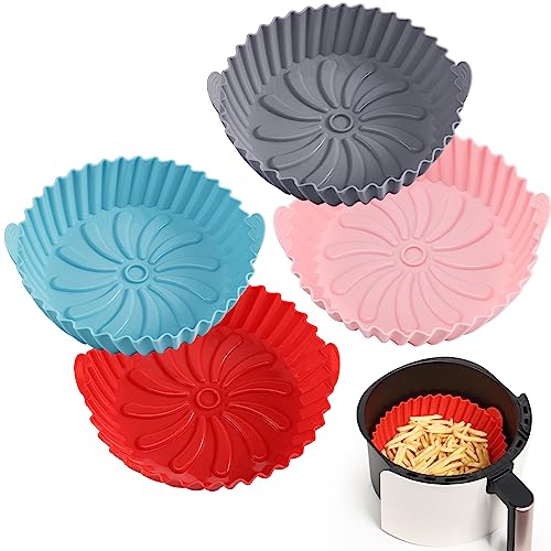 Stron-Dura 4 Pack Air Fryer Liners for 3 to 5 QT, Silicone Air Fryer Liners, Silicone Air Fryer Basket for multipurpose, Red + Blue + Pink + Grey,(Top 8in, Bottom 6.75in)