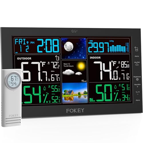 Fokey Weather Station Wireless Indoor Outdoor, Indoor Outdoor Thermometer Wireless, Home Atomic Clock Weather Stations, Digital Temperature Humidity Barometer Inside Outside Thermometers, Black