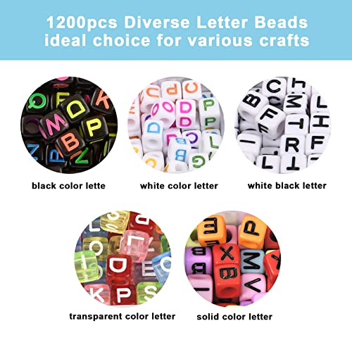 Simetufy 1200Pcs Letter Beads For Bracelet Jewelry Making, 5 Style 6Mm Cube Colorful Alphabet Beads With 2 Rolls Elastic String Cord, Beads Kit For Diy Arts Crafts Gifts #TOP1