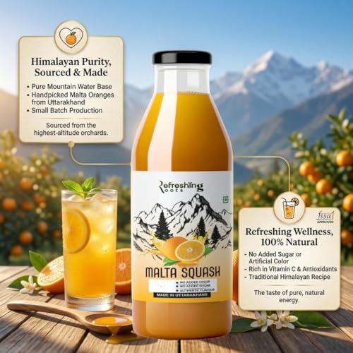 Image of REFRESHING ROOTS Uttarakhand Wild Orange (MALTA) Squash 300 ML Pack Glass Bottle | Cold Pressed | Uttarakhand Authentic Taste | Added Honey | No Artifical Colors | Rich In Vitamins -C | Malta Squash