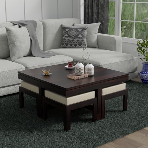 Image of Solid Sheesham Wood Coffee Table with 4 Stool | Square Centre Table with Stool | Center Table with 4 Stools for Living Room|Patio Table with 4 Puffy for Home| wallnut Finish, Pre Assembled