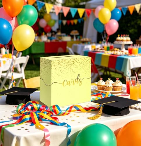 Image of Yellow Wedding Card Box with Gold Foil Yellow Gift Card Holder Box for Party Wedding Reception Graduation Birthday Baby Shower Retirement Cardboard Envelope Raffle Box with Slot