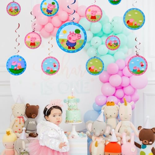 Image of WP WANNA PARTY Cartoon Pig Swirl Hanging Decorations - Cute Spiral Ceiling Hangings For Girls Birthday Theme Party, Baby Shower, Farm Theme, Kids Room Decor - Pack Of 12