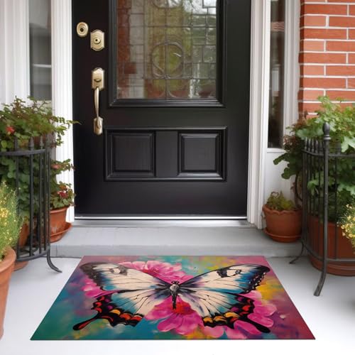 Tapis motif papillon et fleur rose blush effet peinture a l'huile