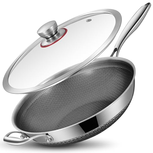 Image of LOLYKITCH New Hybird 12 Inch Tri-Ply Stainless Steel Wok Pan with Lid,Ceramic Nonstick Stir Fry Pans,Induction Cooking Pan,Dishwasher and Oven Safe