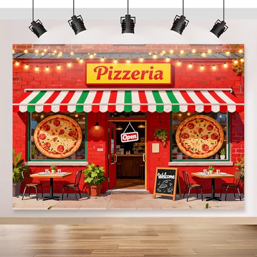 Pizza Shop Backdrop 7x5FT Cooking Theme Vintage Pizzeria Background for Pizza Party Decorations Baby Shower Boys Girls Birthday Party Pizzeria Shop Photoshoot Props (Red)
