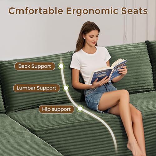 Image of 133 inch Oversized Cloud Boneless Sofa Couch with Chaise, Modern Corduroy U Shaped Modular Sectional Sofa with Deep Seat, Comfy Couch with Cupholders and Storage, No Assembly Required-Green