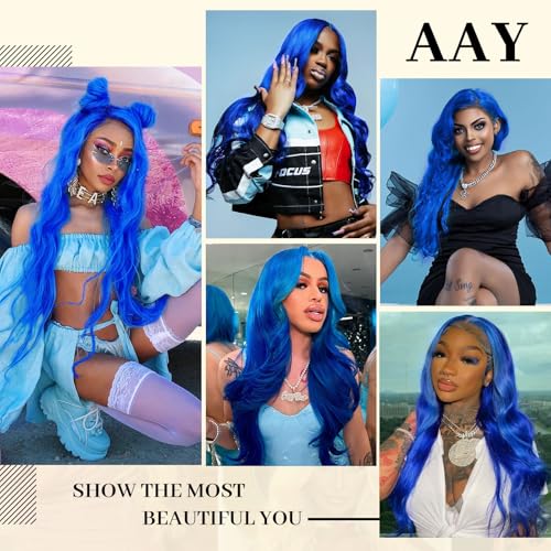 AAY 30 Inch Blue Wig Human Hair 200 Density Body Wave 13x4 HD Lace Front Wigs Human Hair Pre Plucked with Baby Hair Blue Human Lace Front Wigs Color Glueless Frontal Wig for Women