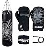 XGRIPE's Kids Set Matte Flex Leather Punching Bag, Boxing Gloves, Semi Elastic Hand Wraps and PVC Coated Jumping Rope, Boxing MMA Kickboxing Training Workout (Black, 4FT)