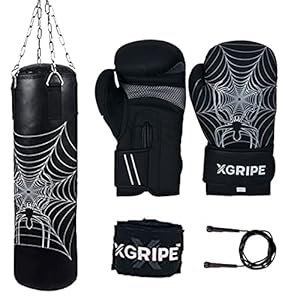 XGRIPE's Kids Set Matte Flex Leather Punching Bag, Boxing Gloves, Semi Elastic Hand Wraps and PVC Coated Jumping Rope, Boxing MMA Kickboxing Training Workout (Black, 4FT)