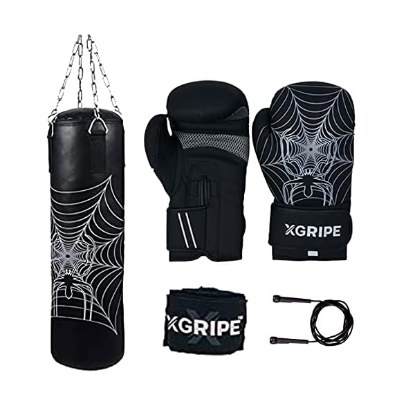 XGRIPE's Kids Set Matte Flex Leather Punching Bag, Boxing Gloves, Semi Elastic Hand Wraps and PVC Coated Jumping Rope, Boxing MMA Kickboxing Training Workout (Black, 4FT)